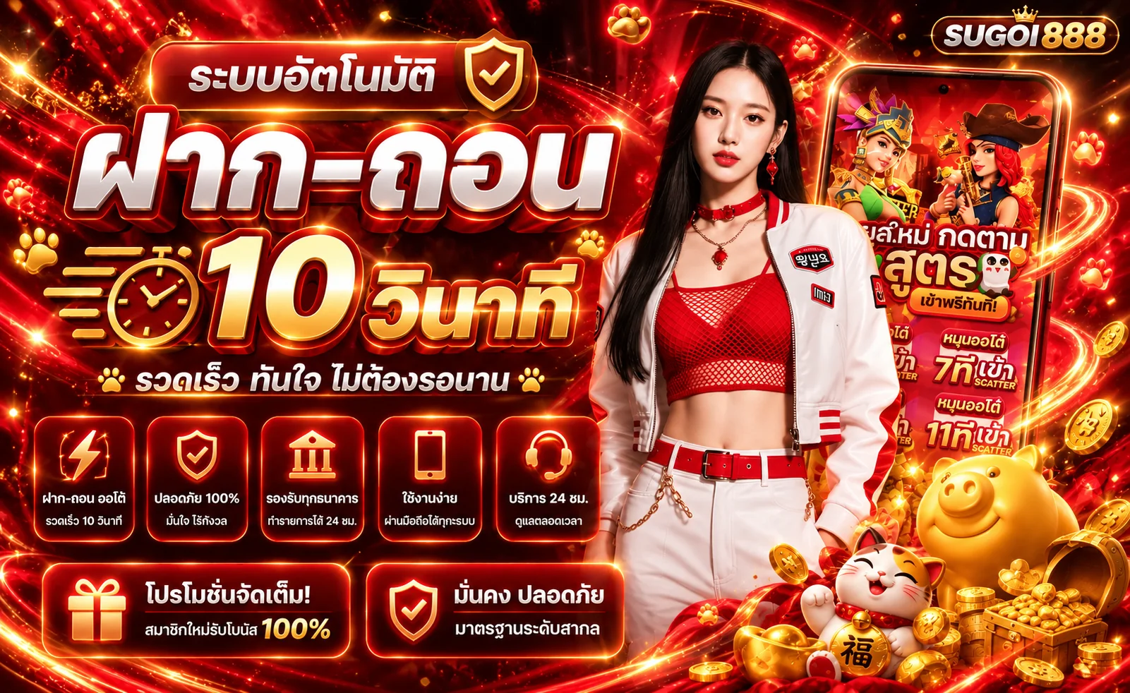 แบนเนอร์ฝากถอนอัตโนมัติ SUGOI888 โทนแดงทอง